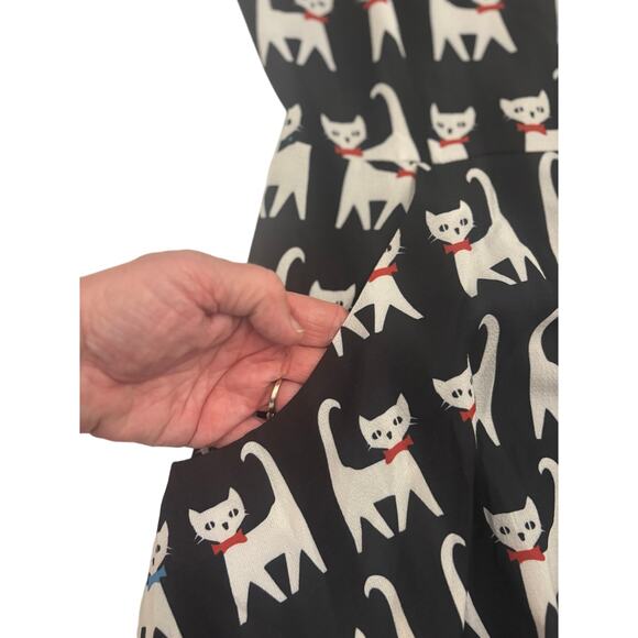 Poach Posh Cat Print Fit & Flare Dress Black White Sleeveless Novelty Quirky - Picture 8 of 10